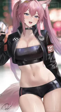 1girl animal_ear_fluff animal_ears arm_at_side belt belt_collar black_belt black_choker black_gloves black_jacket black_shorts blue_eyes blurry blurry_background breasts choker collar cowboy_shot crop_top cropped_jacket crossed_bangs dutch_angle fingerless_gloves fox_ears fox_girl fox_tail gloves hair_flaps hair_intakes hair_ornament hairclip hand_up jacket large_breasts leather leather_jacket long_hair long_sleeves micro_shorts midriff navel open_clothes open_jacket open_mouth pink_hair pink_tail preview__preview0 race_queen recording shorts sidelocks signature skindentation smile solo stomach strapless tail teeth thigh_gap thighs tube_top twintails upper_teeth_only viewfinder