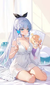 1girl bare_arms bare_shoulders blue_eyes breasts butterfly_hair_ornament cleavage collarbone dakimakura__object genshin_impact gradient_hair hair_ornament hair_ribbon halterneck kamisato_ayaka kikimi long_hair looking_at_viewer lumine__genshin_impact medium_breasts mermaid mole mole_under_eye monster_girl multicolored_hair nightgown pillow ponytail ribbon see_through_clothes sidelocks sitting slime__genshin_impact solo spaghetti_strap thighs very_long_hair white_hair white_nightgown yokozuwari
