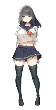 1girl aimi__sky_freedom arms_behind_back black_hair black_shoes black_thighhighs blue_eyes blunt_bangs blush closed_mouth full_body joshi_kousei_rich_thots looking_at_viewer medium_hair miniskirt mole mole_under_mouth navel pleated_skirt school_uniform serafuku shirt shoes simple_background skirt sky_freedom smile solo standing thighhighs thighs white_background white_shirt
