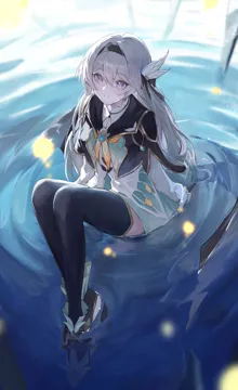 1girl aqua_dress arm_support black_boots black_bow black_jacket boots bow brooch cropped_jacket crossed_ankles dress frilled_shirt_collar frills full_body gradient_eyes grey_hair hair_between_eyes hair_bow hair_intakes hair_ornament hairband head_tilt high_heel_boots high_heels jacket jewelry knees_up light_particles long_hair long_sleeves looking_at_viewer multicolored_eyes parted_lips purple_eyes reflection reflective_water ripples short_sleeved_jacket short_sleeves sidelocks sitting sitting_on_water teeth thigh_boots two_tone_dress very_long_hair white_dress jiang_zhuti_jiojio honkai__star_rail honkai__series firefly__honkai__star_rail