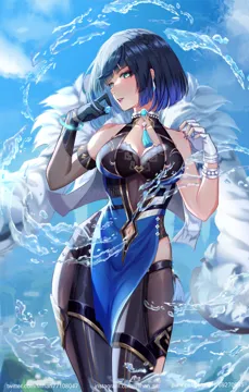 1girl bare_shoulders black_gloves black_thighhighs blue_dress blue_hair blue_nails blue_sky bob_cut bracelet braid breasts cleavage diagonal_bangs dice dress earrings elbow_gloves fingerless_gloves fur_trimmed_jacket fur_trim gloves holding holding_dice hydrokinesis instagram_username jacket jacket_on_shoulders jewelry large_breasts looking_at_viewer multicolored_hair neck_tassel parted_lips pelvic_curtain pixiv_id short_hair single_elbow_glove sky sleeveless sleeveless_dress solo thighhighs twitter_username two_tone_hair water white_gloves white_jacket mihan__mihan_art genshin_impact yelan__genshin_impact
