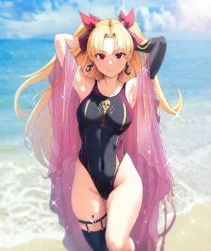 1girl alternate_costume armpits arms_behind_head arms_up bare_shoulders beach black_one_piece_swimsuit black_thighhighs blonde_hair blue_sky blush bow breasts closed_mouth collarbone competition_swimsuit covered_navel day earrings ereshkigal__fate fate__series fate_grand_order hair_bow highleg highleg_one_piece_swimsuit hoop_earrings infinity_symbol jewelry long_hair looking_at_viewer medium_breasts ocean one_piece_swimsuit outdoors parted_bangs red_bow red_eyes shawl single_thighhigh skull_print sky solar__happymonk solo sparkle standing swimsuit thighhighs thighs two_side_up water