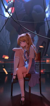 1girl black_shoes blue_eyes blue_skirt brown_hair evangelion__mecha full_body hair_ornament knee_up long_hair looking_at_viewer mecha polished_shoes robot school_uniform science_fiction shirt shoes sitting skirt socks solo tokyo_3_middle_school_uniform two_side_up white_shirt white_socks xzu neon_genesis_evangelion eva_02 souryuu_asuka_langley__neon_genesis_evangelion