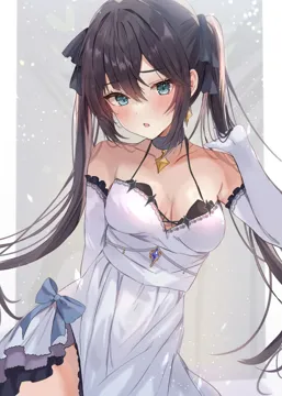 1girl alternate_costume asymmetrical_bangs black_hair black_ribbon blue_bow blue_choker blush bow breasts breasts_apart choker collarbone detached_sleeves dress dress_bow earrings elbow_gloves genshin_impact gloves green_eyes grey_background grey_dress hair_between_eyes hair_ribbon jewelry long_hair looking_away maruro medium_breasts mona__genshin_impact no_headwear open_mouth ribbon sidelocks simple_background sleeveless sleeveless_dress solo standing star__symbol star_earrings twintails white_gloves