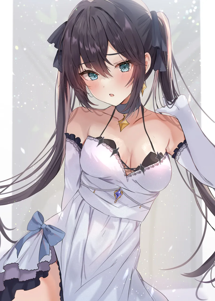 1girl alternate_costume asymmetrical_bangs black_hair black_ribbon blue_bow blue_choker blush bow breasts breasts_apart choker collarbone detached_sleeves dress dress_bow earrings elbow_gloves genshin_impact gloves green_eyes grey_background grey_dress hair_between_eyes hair_ribbon jewelry long_hair looking_away maruro medium_breasts mona__genshin_impact no_headwear open_mouth ribbon sidelocks simple_background sleeveless sleeveless_dress solo standing star__symbol star_earrings twintails white_gloves