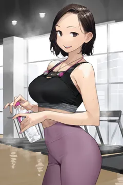 1girl black_sports_bra blush bottle breasts brown_eyes brown_hair contrapposto cowboy_shot fingernails ganbare_douki_chan high_waist_pants holding holding_bottle indoors jewelry large_breasts looking_at_viewer midriff open_mouth pants pendant senpai_san__douki_chan smile solo sports_bra sportswear standing sweat teeth upper_teeth_only water_bottle yoga_pants yomu__sgt_epper