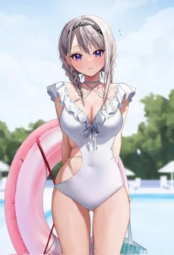 1girl ass_visible_through_thighs bare_arms blue_eyes blurry blurry_background blush braid breasts chigusa_minori choker cleavage closed_mouth covered_navel cowboy_shot flying_sweatdrops grey_hair hair_ornament innertube large_breasts long_hair looking_at_viewer one_piece_swimsuit outdoors saotome_shino__shino_to_ren shino_to_ren skindentation solo sweat sweatdrop swim_ring swimsuit thigh_gap thighs white_choker white_one_piece_swimsuit