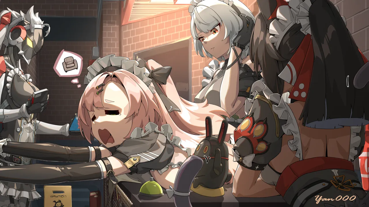 4girls alternate_costume android animal_ears artist_name backless_outfit bangboo__zenless_zone_zero bell black_bow black_hair black_sleeves bow breasts brick_wall call_bell cat_ears cat_girl cat_tail chair closed_eyes crying detached_sleeves enmaided exhausted genderswap genderswap__mtf hair_bow headphones humanoid_robot imagining indoors long_hair long_sleeves maid maid_headdress multiple_girls multiple_tails open_mouth orange_eyes pink_hair robot short_sleeves speech_bubble spiked_hair tail tears thought_bubble white_hair yan__unicorn404 zenless_zone_zero anby_demara billy_kid luckyboo__zenless_zone_zero nekomiya_mana nicole_demara