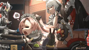 4girls alternate_costume android animal_ears artist_name backless_outfit bangboo__zenless_zone_zero bell black_bow black_hair black_sleeves bow breasts brick_wall call_bell cat_ears cat_girl cat_tail chair closed_eyes crying detached_sleeves enmaided exhausted genderswap genderswap__mtf hair_bow headphones humanoid_robot imagining indoors long_hair long_sleeves maid maid_headdress multiple_girls multiple_tails open_mouth orange_eyes pink_hair robot short_sleeves speech_bubble spiked_hair tail tears thought_bubble white_hair yan__unicorn404 zenless_zone_zero anby_demara billy_kid luckyboo__zenless_zone_zero nekomiya_mana nicole_demara
