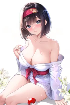 1girl bare_shoulders black_hair blush breasts cleavage collarbone erika__pokemon flower hairband japanese_clothes kimono large_breasts looking_at_viewer poke_ball pokemon pokemon_rgby red_hairband sash short_hair smile solo studiopokotan wet white_background