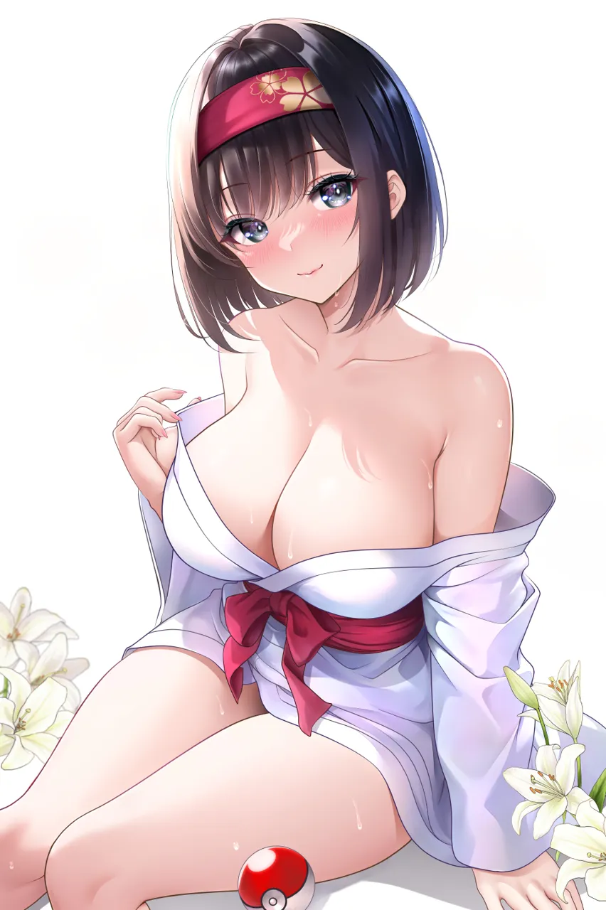 1girl bare_shoulders black_hair blush breasts cleavage collarbone erika__pokemon flower hairband japanese_clothes kimono large_breasts looking_at_viewer poke_ball pokemon pokemon_rgby red_hairband sash short_hair smile solo studiopokotan wet white_background