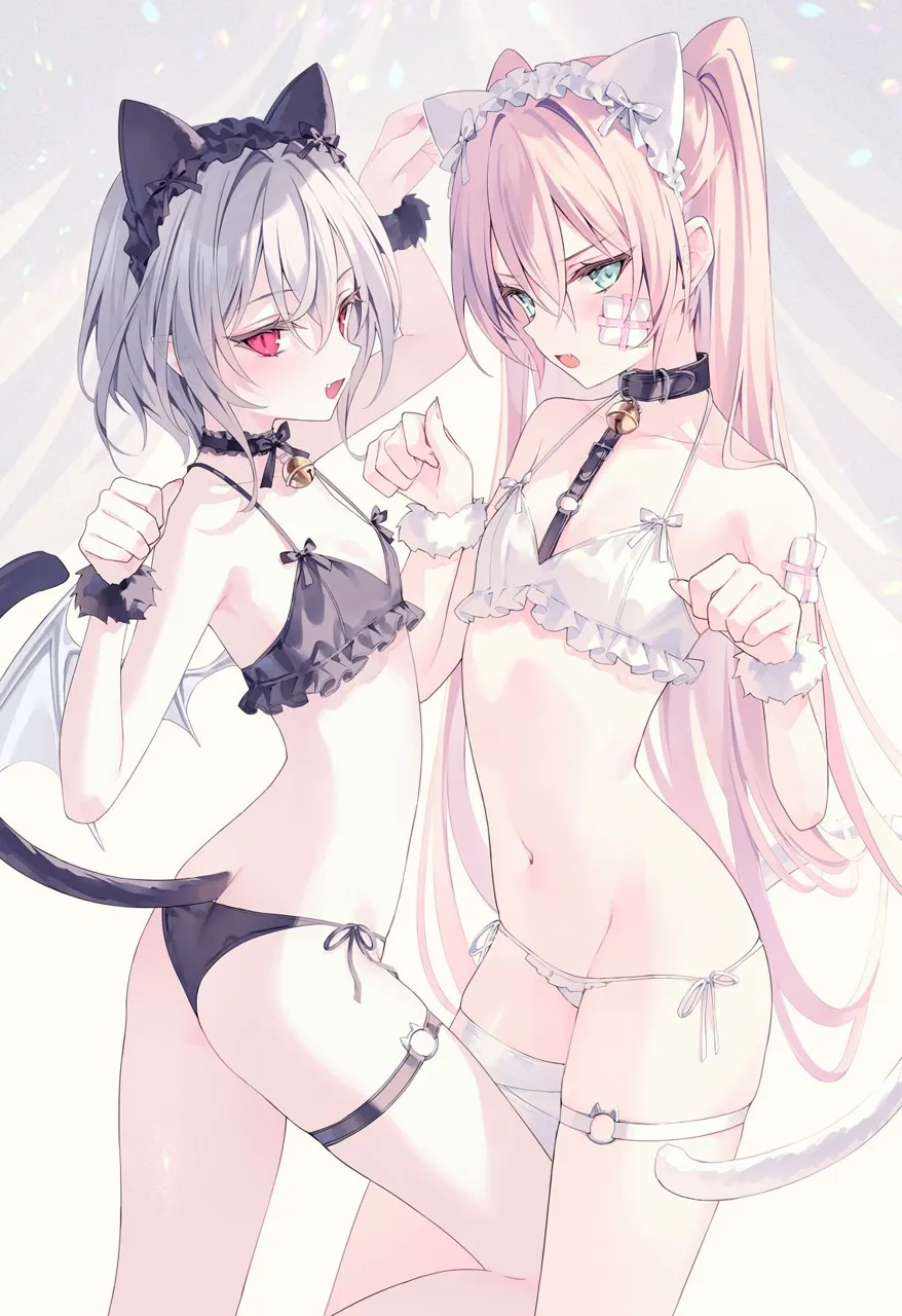 2girls animal_ears bandaid bandaid_on_face bell cat_ears cat_girl cat_tail choker garters hair_between_eyes kemonomimi_mode long_hair mole multiple_girls navel neck_bell open_mouth panties paw_pose red_eyes side_tie_panties silver_hair tail tattoo thigh_strap underwear rurudo carneades hatsune__carneades noah_carneades