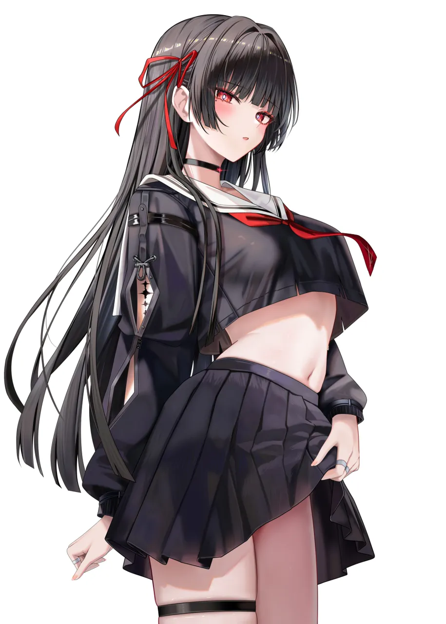 1girl arm_cutout black_choker black_hair black_serafuku black_shirt black_skirt blush breasts bright_pupils choker clothes_lift cowboy_shot crop_top hair_ribbon long_hair long_sleeves looking_at_viewer medium_breasts mole mole_under_eye navel neckerchief parted_lips red_eyes red_neckerchief red_ribbon ribbon sailor_collar school_uniform serafuku shirt simple_background skirt skirt_lift solo stomach tacet_mark__wuthering_waves thigh_strap thighs very_long_hair white_background white_pupils white_sailor_collar ru_zhai wuthering_waves chisa__wuthering_waves