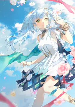 1girl blue_hair blue_nails blue_sky bracelet cape cloud dress feet_out_of_frame flower green_cape green_eyes hair_ornament hand_up jewelry light_blue_hair long_hair looking_at_viewer nail_polish open_mouth outdoors pink_flower red_ribbon ribbon ring short_sleeves sky solo twintails white_dress x_hair_ornament yellow_flower kaekaeki genshin_impact faruzan__genshin_impact