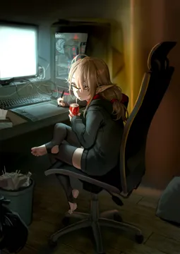 1girl antenna_hair bright_pupils chair computer drawing_tablet drinking_straw feet gaming_chair glasses grey_hoodie hair_ornament hair_scrunchie hood hooded_sweater hoodie looking_at_viewer monitor pointy_ears red_scrunchie scrunchie single_sidelock sitting solo stirrup_legwear stylus sweater swivel_chair toeless_legwear trash_can virtual_youtuber wooden_floor as109 indie_virtual_youtuber shui_lan_er