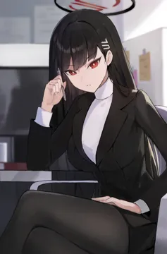 1girl black_hair black_jacket black_pantyhose black_skirt blazer blurry blurry_background breasts bright_pupils crossed_legs feet_out_of_frame halo hand_on_own_thigh holding holding_pen indoors jacket large_breasts long_hair looking_at_viewer miniskirt monitor on_chair pantyhose pen red_eyes sitting skirt solo straight_hair sweater very_long_hair white_pupils white_sweater jiang_zhuti_jiojio blue_archive rio__blue_archive