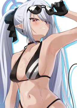 1girl bikini black_bikini black_choker black_ribbon breasts choker dark_skinned_female dark_skin demon_tail eyewear_on_head gloves grey_hair halo long_hair medium_breasts navel official_alternate_costume purple_halo red_eyes ribbon sideboob solo stomach sunglasses swimsuit tail twintails wet shiraae_quartet blue_archive iori__blue_archive iori__swimsuit__blue_archive