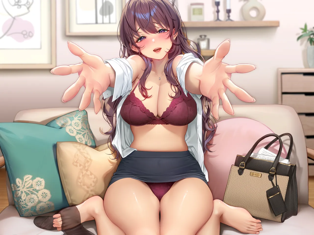 1girl bag barefoot black_skirt blush bra breasts brown_hair cameltoe candle candlestand chest_of_drawers cleavage clothes_lift collarbone couch covered_navel cushion dress_shirt feet hair_between_eyes handbag indoors jewelry large_breasts lips long_hair looking_at_viewer masami_chie mature_female navel necklace open_clothes open_mouth open_shirt painting__object panties pantyhose pencil_skirt picture_frame plant potted_plant purple_bra purple_eyes purple_panties shelf shirt sitting skirt skirt_lift smile solo stomach teeth toenails toes underwear unworn_pantyhose upper_teeth_only very_long_hair wariza wavy_hair white_shirt