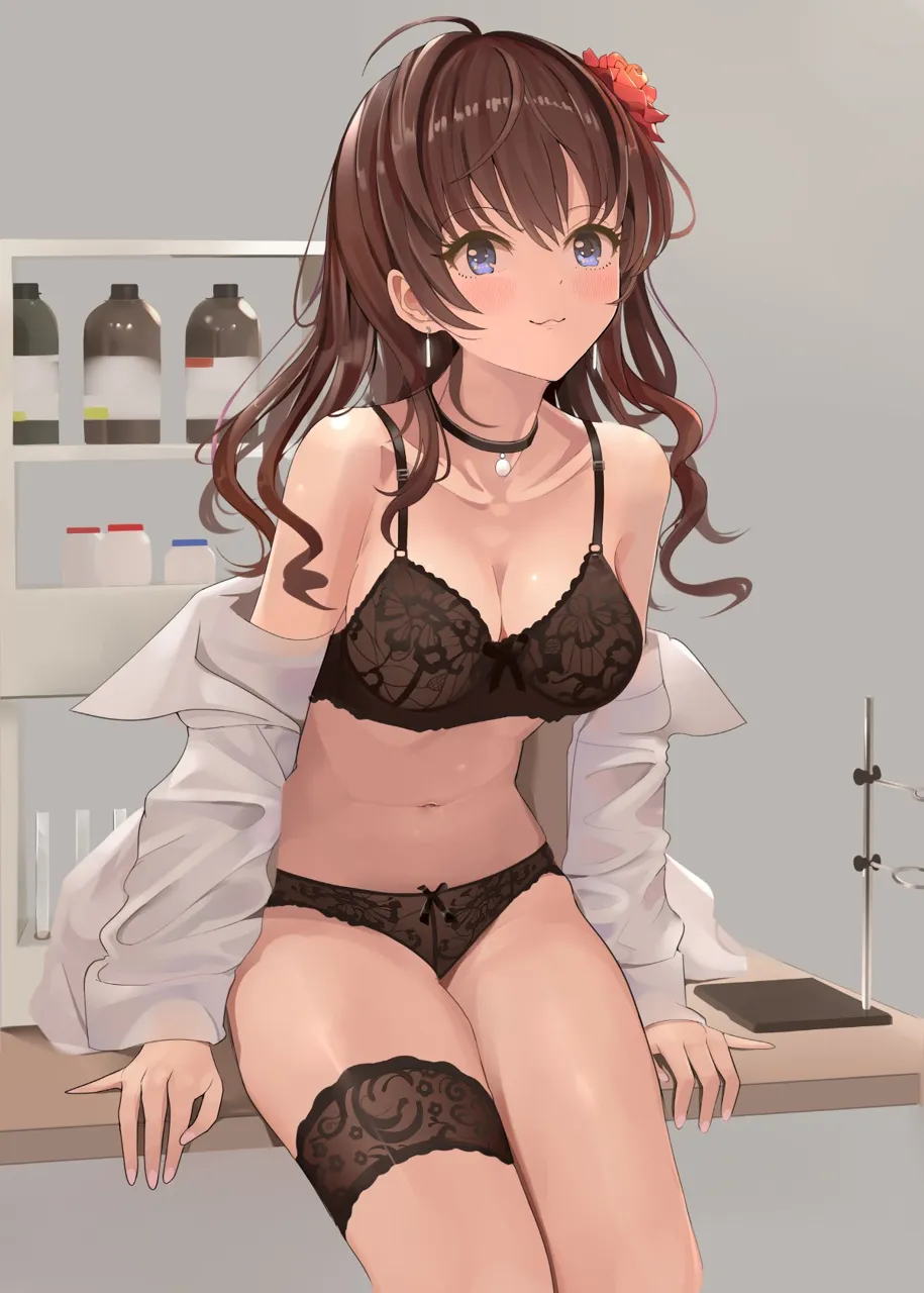 _3 1girl ahoge bare_shoulders blue_eyes blush bra breasts brown_hair cleavage collarbone ichinose_shiki idolmaster idolmaster_cinderella_girls lace lace_bra lace_panties long_hair looking_at_viewer medium_breasts navel open_clothes open_shirt panties pjkka shirt smile solo thigh_strap underwear wavy_hair