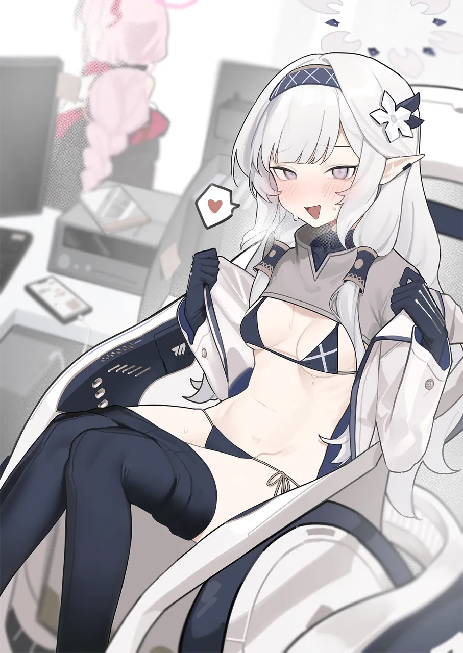 2girls bare_shoulders bikini black_bikini black_gloves black_pantyhose blue_archive blurry blurry_background blush breasts breasts_apart breath chair clothes_pull coat collarbone ear_piercing eimi__blue_archive fataaa flashing flower gloves grey_hair groin hair_flower hair_ornament hair_tubes hairband halo halterneck heart heavy_breathing himari__blue_archive jacket long_hair looking_at_viewer micro_bikini multiple_girls navel open_clothes open_coat open_jacket open_mouth pantyhose pantyhose_pull piercing pink_eyes pink_halo pointy_ears sidelocks sitting small_breasts smile solo_focus spoken_heart stomach sweat swimsuit thighs undressing wheelchair