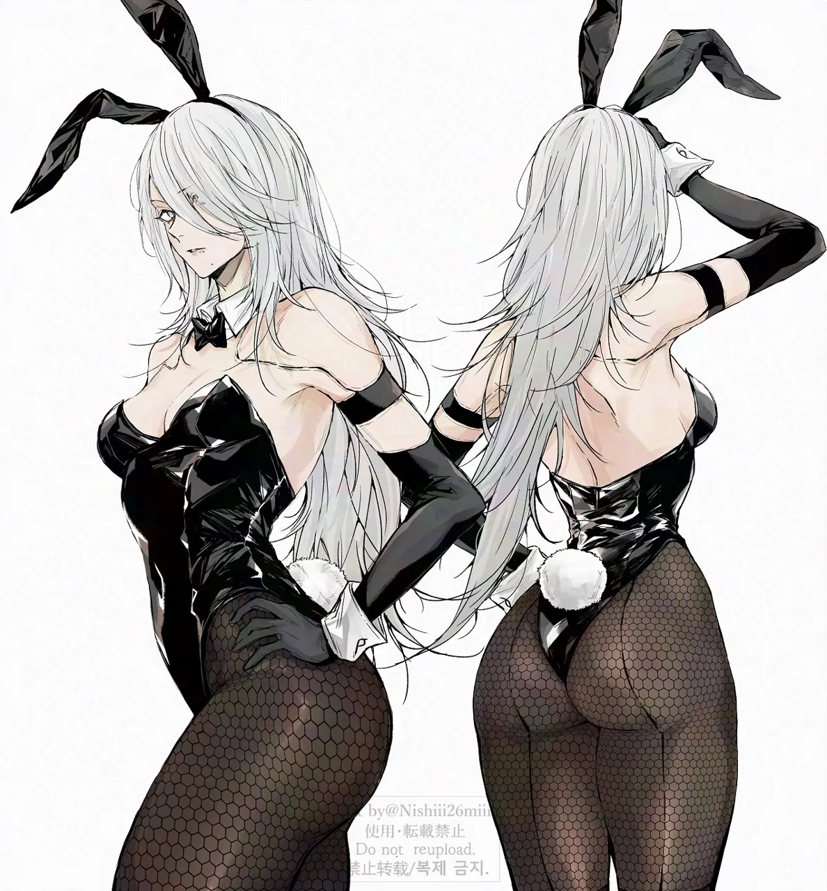 1girl android animal_ear_hairband animal_ears artist_name bare_shoulders black_gloves black_leotard bow bowtie breasts cleavage covered_navel detached_collar elbow_gloves english_text fake_animal_ears fake_tail fishnet_pantyhose fishnets gloves hairband hand_on_own_hip highleg highleg_leotard joints leotard long_hair medium_breasts mixed_language_text mole mole_under_mouth no_blindfold pantyhose playboy_bunny rabbit_ear_hairband rabbit_ears rabbit_tail robot_joints solo strapless strapless_leotard tail traditional_bowtie twitter_username watermark white_hair white_wrist_cuffs wrist_cuffs nishiii26miii nier_automata nier__series a2__nier_automata