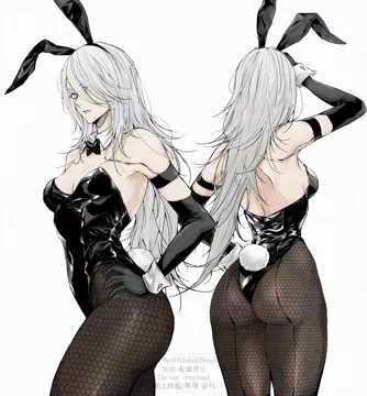 1girl android animal_ear_hairband animal_ears artist_name bare_shoulders black_gloves black_leotard bow bowtie breasts cleavage covered_navel detached_collar elbow_gloves english_text fake_animal_ears fake_tail fishnet_pantyhose fishnets gloves hairband hand_on_own_hip highleg highleg_leotard joints leotard long_hair medium_breasts mixed_language_text mole mole_under_mouth no_blindfold pantyhose playboy_bunny rabbit_ear_hairband rabbit_ears rabbit_tail robot_joints solo strapless strapless_leotard tail traditional_bowtie twitter_username watermark white_hair white_wrist_cuffs wrist_cuffs nishiii26miii nier_automata nier__series a2__nier_automata