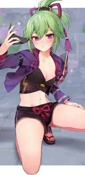 1girl black_sandals black_shorts blush breasts cleavage cropped_jacket genshin_impact green_hair hair_between_eyes hand_up jacket kuki_shinobu long_sleeves looking_at_viewer nail_polish navel open_clothes open_jacket parted_lips ponytail purple_eyes purple_jacket purple_nails racchi sandals short_shorts shorts small_breasts solo squatting thighs toenail_polish toenails toes zouri