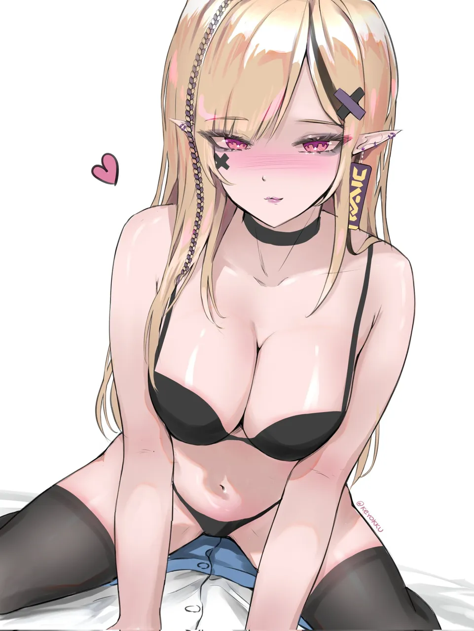 1boy 1girl black_bra black_choker black_panties black_thighhighs blonde_hair blush bra braid breasts choker earrings hair_ornament heart jewelry long_hair navel panties pink_eyes pointy_ears side_braid simple_background skirt thighhighs underwear white_background x_hair_ornament keyokku