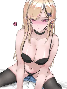 1boy 1girl black_bra black_choker black_panties black_thighhighs blonde_hair blush bra braid breasts choker earrings hair_ornament heart jewelry long_hair navel panties pink_eyes pointy_ears side_braid simple_background skirt thighhighs underwear white_background x_hair_ornament keyokku
