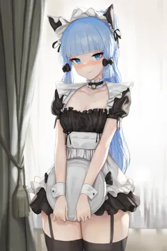 1girl alternate_costume animal_ears apron bell black_dress black_thighhighs blue_eyes blue_hair blunt_bangs blush breasts cat_ears closed_mouth collarbone cowboy_shot curtains dolri dress enmaided fake_animal_ears frilled_dress frills full_face_blush garter_straps genshin_impact holding holding_tray jingle_bell kamisato_ayaka light_blue_hair long_hair looking_at_viewer maid maid_apron maid_headdress neck_bell neck_garter ponytail short_dress sidelocks small_breasts smile solo standing thighhighs thighs tray wrist_cuffs