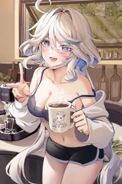 1girl ahoge alternate_breast_size alternate_costume bare_shoulders black_shorts blue_eyes blue_hair blush bottle breasts cameo camisole character_print cleavage coffee coffee_maker coffee_mug collarbone contemporary cowboy_shot cowlick crop_top cup dasha dolphin_shorts drop_shaped_pupils eyelash_ornament fang furina__genshin_impact genshin_impact heterochromia holding holding_cup indoors long_hair looking_at_viewer mask mask_pull medium_breasts midriff mismatched_pupils mouth_mask mug multicolored_hair navel neuvillette__genshin_impact open_mouth ponytail short_shorts shorts skin_fang smile solo spaghetti_strap stomach strap_slip symbol_shaped_pupils thighs twintails underwear white_hair