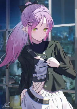 1girl alternate_costume black_jacket crop_top cross cross_earrings demon_tail ear_piercing earrings gradient_hair green_eyes hair_ornament hairclip high_ponytail indoors jacket jewelry long_hair long_sleeves looking_at_viewer midriff multicolored_hair navel open_clothes open_jacket piercing pink_hair ponytail purple_hair ring signature skirt solo tail tail_ornament tail_piercing virtual_youtuber white_skirt maria_onnette hololive tokoyami_towa__hololive