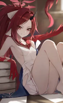 1girl ass black_horns book breasts dragon_tail halo horns long_hair looking_at_viewer open_mouth panties pleated_skirt ponytail red_eyes red_hair red_halo red_sailor_collar red_tail sailor_collar sideboob single_horn sitting skirt small_breasts smile solo tail underwear white_panties white_skirt jiang_zhuti_jiojio blue_archive renge__blue_archive