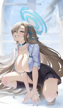 1girl all_fours asuna__blue_archive asuna__school_uniform__blue_archive black_skirt black_socks blue_archive blue_eyes blue_halo blue_ribbon blurry blurry_background breasts brown_footwear brown_hair choker cleavage collarbone grin hair_ribbon halo large_breasts long_hair looking_at_viewer lumen_re parted_bangs pleated_skirt ribbon school_uniform shirt skirt sleeves_rolled_up smile socks solo squatting very_long_hair white_shirt
