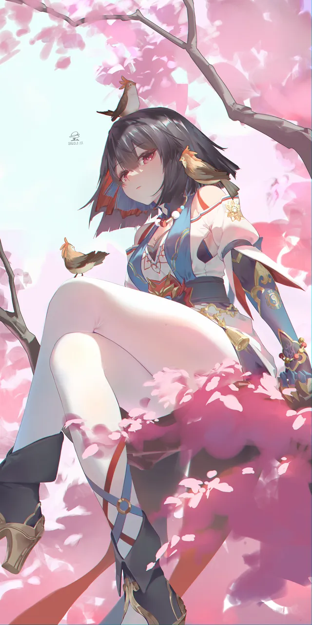 1girl animal_on_head bird bird_on_head black_hair boots breasts closed_mouth crossed_legs dated high_heel_boots high_heels in_tree looking_at_viewer medium_hair on_head pantyhose red_eyes signature sitting sitting_in_tree solo tree white_pantyhose ribao honkai__star_rail honkai__series xueyi__honkai__star_rail