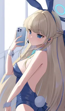 1girl animal_ears blonde_hair blue_eyes blue_hair blue_halo blue_leotard braid breasts cellphone closed_mouth detached_collar fake_animal_ears fake_tail halo holding holding_phone leotard long_hair medium_breasts multicolored_hair official_alternate_costume phone playboy_bunny rabbit_ears rabbit_tail smartphone solo strapless strapless_leotard streaked_hair tail wrist_cuffs nasol blue_archive toki__blue_archive toki__bunny__blue_archive