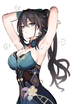 1girl armpits arms_behind_head arms_up bare_arms bare_shoulders black_hair blue_eyes breasts cleavage detached_collar dress green_dress long_hair looking_at_viewer medium_breasts parted_lips ponytail simple_background solo strapless strapless_dress sweat two_tone_dress upper_body white_background mini2chainz honkai__star_rail honkai__series ruan_mei__honkai__star_rail