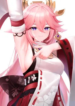 1girl animal_ears armpits back_bow black_bow blush bow breasts closed_mouth detached_sleeves floral_print fox_ears hair_between_eyes hair_ornament high_waist_skirt japanese_clothes large_breasts long_hair long_sleeves looking_at_viewer pink_hair presenting_armpit purple_eyes red_skirt sideboob simple_background skirt smile solo sweat upper_body very_long_hair white_background wide_sleeves chanifge genshin_impact yae_miko__genshin_impact