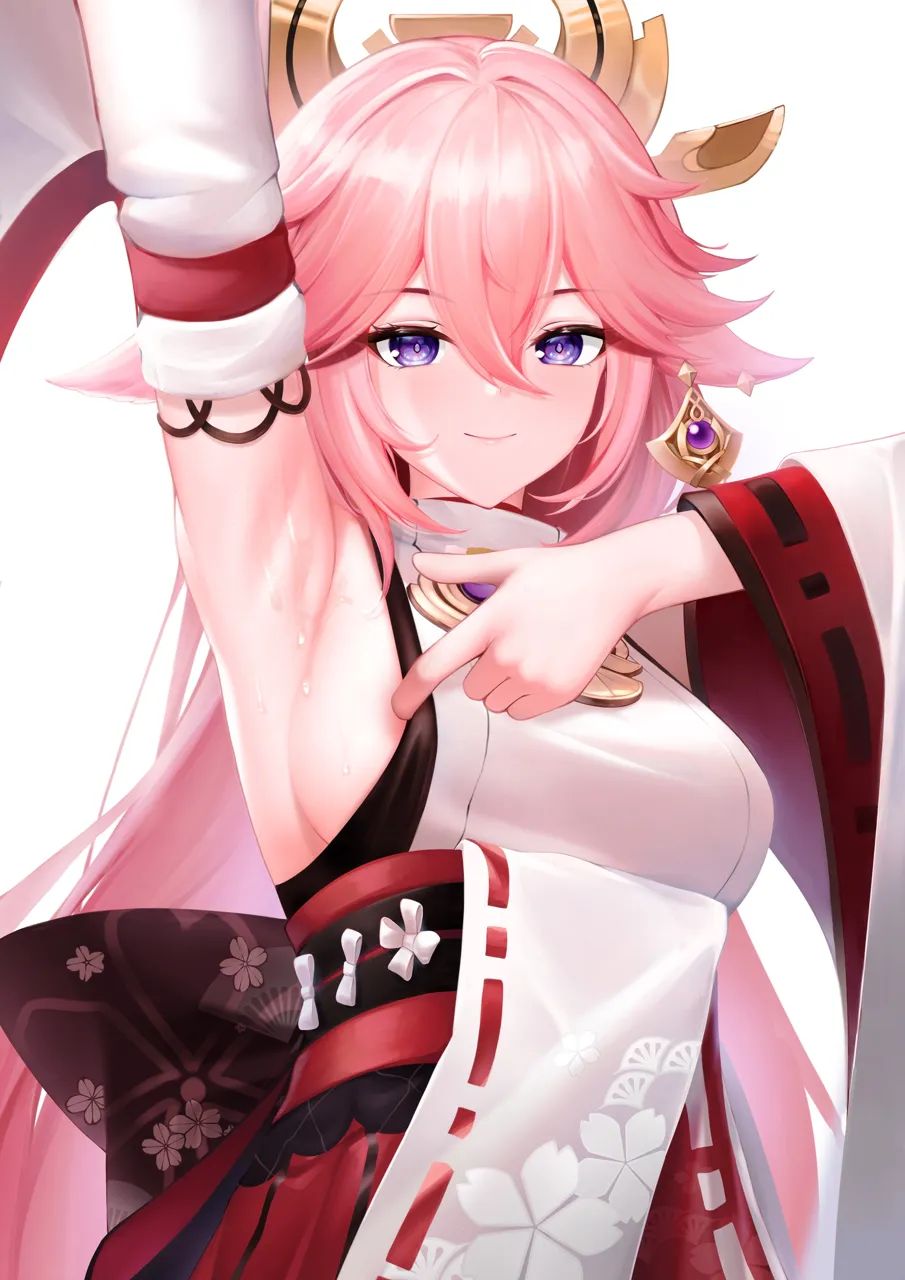 1girl animal_ears armpits back_bow black_bow blush bow breasts closed_mouth detached_sleeves floral_print fox_ears hair_between_eyes hair_ornament high_waist_skirt japanese_clothes large_breasts long_hair long_sleeves looking_at_viewer pink_hair presenting_armpit purple_eyes red_skirt sideboob simple_background skirt smile solo sweat upper_body very_long_hair white_background wide_sleeves chanifge genshin_impact yae_miko__genshin_impact