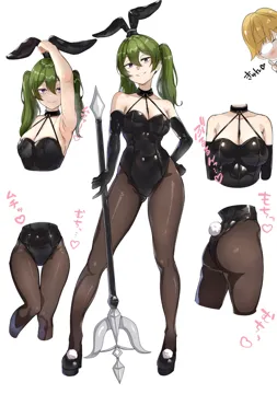 1boy 1girl alternate_costume animal_ear_hairband animal_ears armpits breasts cleavage fake_animal_ears full_body glasses gloves green_hair hairband hand_on_own_hip holding holding_polearm holding_weapon land__sousou_no_frieren leotard looking_at_viewer multiple_views opaque_glasses pantyhose playboy_bunny polearm purple_eyes rabbit_ear_hairband rabbit_ears rabbit_tail shiny_clothes sousou_no_frieren spear strapless strapless_leotard tail thigh_gap thighs twintails ubel__sousou_no_frieren weapon white_background yami_anko