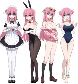 1girl alternate_costume alternate_hairstyle animal_ears anklet apron bare_legs bare_shoulders barefoot bent_v bikini bikini_under_clothes black_footwear black_leotard blue_eyes blush bocchi_the_rock bow bowtie breasts cable_tie channel__caststation cube_hair_ornament detached_collar double_bun double_v dress earrings eyewear_on_head fake_animal_ears fake_tail frilled_apron frills full_body gloves gotoh_hitori groin hair_between_eyes hair_bun hair_ornament heart heart_hands high_heels jacket jewelry large_breasts leotard loafers long_hair looking_at_viewer maid maid_apron maid_headdress multiple_views narrow_waist one_piece_swimsuit open_clothes open_jacket pantyhose pink_hair pink_jacket playboy_bunny rabbit_ears rabbit_tail school_swimsuit shaded_face shoes short_dress side_tie_leotard sidelocks simple_background standing star__symbol star_shaped_eyewear strapless strapless_leotard sunglasses swimsuit swimsuit_under_clothes tail thigh_gap thighhighs turn_pale very_long_hair white_background white_bikini white_thighhighs