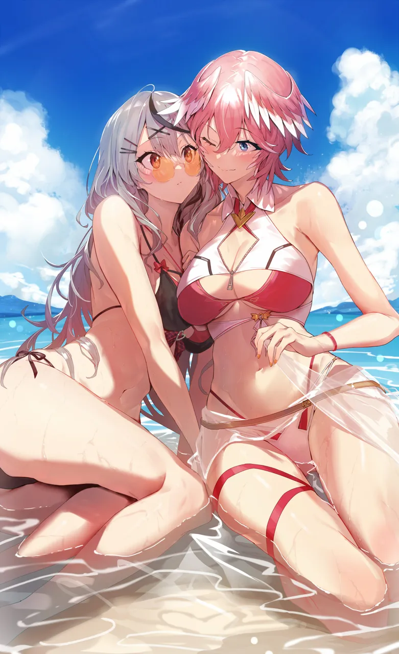 2girls adapted_costume alternate_hair_length alternate_hairstyle bare_shoulders bikini black_bikini black_hair blue_eyes blue_sky breasts cleavage closed_mouth cloud collarbone day hair_between_eyes hair_ornament hololive kakage large_breasts long_hair multicolored_hair multiple_girls navel ocean one_eye_closed orange_tinted_eyewear outdoors partially_submerged red_bikini red_eyes sakamata_chloe short_hair sitting sky smile streaked_hair sunglasses swimsuit takane_lui takane_lui__1st_costume tinted_eyewear virtual_youtuber wet x_hair_ornament yuri zipper