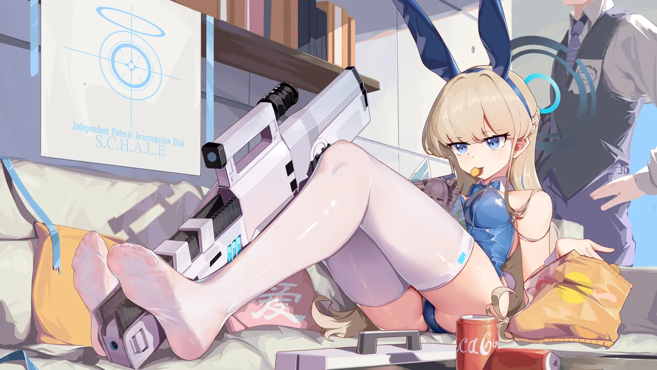 1boy 1girl animal_ears aqua_bow aqua_bowtie ass assault_rifle blue_eyes blue_hairband blue_halo blue_leotard bow bowtie earpiece eating fake_animal_ears feet gun h_k_g11 hairband halo leotard long_hair no_shoes official_alternate_costume playboy_bunny rabbit_ears rifle soles strapless strapless_leotard thighhighs weapon white_thighhighs white_wrist_cuffs wrist_cuffs xg_epee blue_archive doodle_sensei__blue_archive sensei__blue_archive toki__blue_archive toki__bunny__blue_archive
