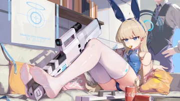 1boy 1girl animal_ears aqua_bow aqua_bowtie ass assault_rifle blue_eyes blue_hairband blue_halo blue_leotard bow bowtie earpiece eating fake_animal_ears feet gun h_k_g11 hairband halo leotard long_hair no_shoes official_alternate_costume playboy_bunny rabbit_ears rifle soles strapless strapless_leotard thighhighs weapon white_thighhighs white_wrist_cuffs wrist_cuffs xg_epee blue_archive doodle_sensei__blue_archive sensei__blue_archive toki__blue_archive toki__bunny__blue_archive