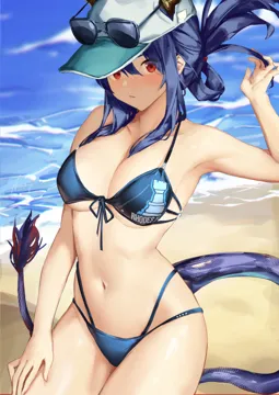 1girl arknights armpits artist_name beach bikini blue_bikini blue_hair blush breasts ch_en__arknights ch_en_the_holungday__arknights ch_en_the_holungday__elite_ii__arknights cleavage closed_mouth cowboy_shot day dragon_girl dragon_horns dragon_tail eyewear_on_headwear folded_ponytail front_tie_bikini_top front_tie_top fur_tipped_tail hair_between_eyes hair_tie halterneck hand_up hat horns horns_through_headwear looking_at_viewer medium_breasts multi_strapped_bikini nashidrop navel official_alternate_hairstyle outdoors red_eyes rhodes_island_logo__arknights sand sidelocks signature solo stomach string_bikini sunglasses swimsuit tail water