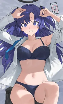 1girl armpits arms_up bed_sheet black_bra black_panties black_skirt blue_archive blush bra breasts cellphone_photo cleavage collarbone feet_out_of_frame hair_spread_out halo hood__james_x knees_up large_breasts long_hair looking_at_viewer lying mechanical_halo navel noa__blue_archive on_back open_clothes open_shirt panties purple_eyes purple_hair shirt skirt solo stomach sweatdrop underwear unworn_skirt white_shirt yuuka__blue_archive