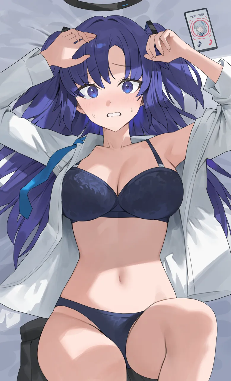 1girl armpits arms_up bed_sheet black_bra black_panties black_skirt blue_archive blush bra breasts cellphone_photo cleavage collarbone feet_out_of_frame hair_spread_out halo hood__james_x knees_up large_breasts long_hair looking_at_viewer lying mechanical_halo navel noa__blue_archive on_back open_clothes open_shirt panties purple_eyes purple_hair shirt skirt solo stomach sweatdrop underwear unworn_skirt white_shirt yuuka__blue_archive