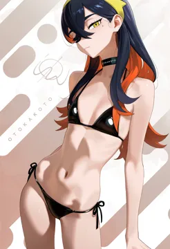 1girl bikini black_bikini black_choker black_hair carmine__pokemon choker closed_mouth colored_inner_hair flat_chest hairband long_hair mole mole_under_eye multicolored_hair navel otokakoto pokemon pokemon_sv red_hair side_tie_bikini_bottom solo stomach swimsuit two_tone_hair yellow_eyes yellow_hairband