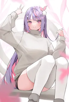 1girl alternate_costume brown_shorts colored_inner_hair grabbing_own_hair grey_shoes grey_sweater hair_ornament hairpin hikimayu inward_w light_blush light_smile long_hair long_sleeves looking_at_viewer multicolored_hair pink_eyes pink_hair purple_hair rabbit_hair_ornament shoes short_eyebrows short_shorts shorts single_hair_streak sitting solo streaked_hair sweater swept_bangs thick_eyebrows thighhighs thighs turtleneck turtleneck_sweater two_tone_hair virtual_youtuber white_thighhighs nakony vspo tosaki_mimi__vspo