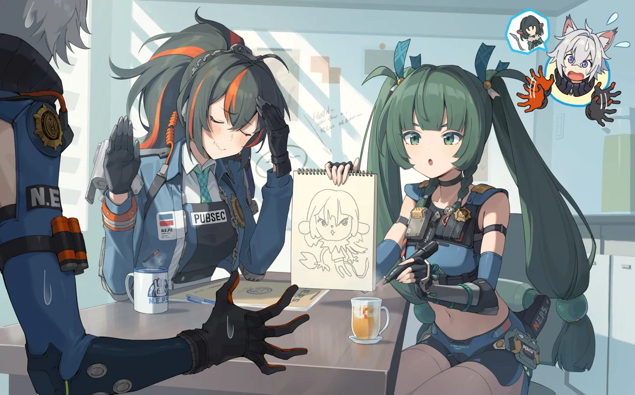 1boy 2girls afterimage ahoge animal_ear_fluff animal_ears black_gloves blush checkered_necktie closed_eyes closed_mouth drawing__object flying_sweatdrops furrowed_brow gloves green_eyes green_hair hair_between_eyes holding holding_marker indoors long_hair marker metal_hair motion_lines multicolored_gloves multicolored_hair multiple_girls navel necktie open_mouth orange_eyes orange_hair police police_uniform red_gloves short_hair sidelocks sitting sketchbook smile steam streaked_hair sweatdrop table twintails two_tone_hair white_hair window_shadow cocodar zenless_zone_zero jane_doe__zenless_zone_zero qingyi__zenless_zone_zero seth_lowell__zenless_zone_zero zhu_yuan__zenless_zone_zero